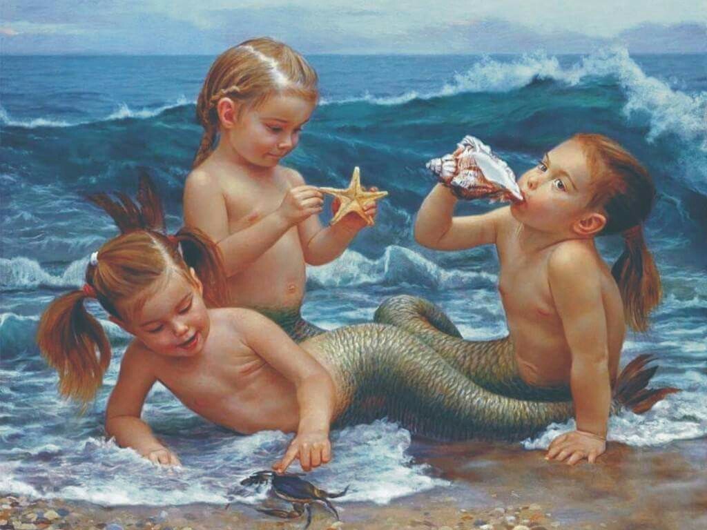 1024x768, 136 Kb / девочки, дети, русалки, воды, волны, ракушка, морская звезда, краб
