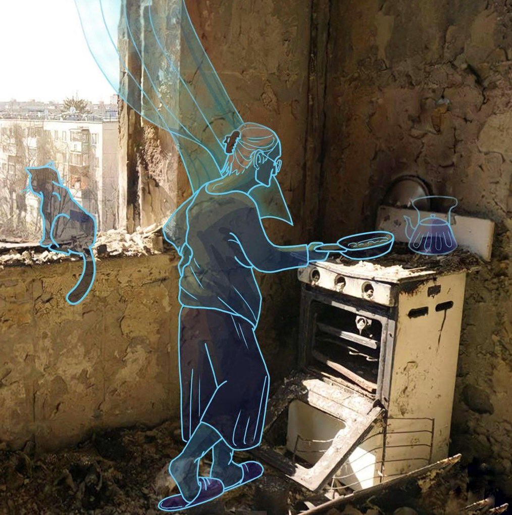 1014x1019, 184 Kb / женщина, кошка, кухня, разрушение