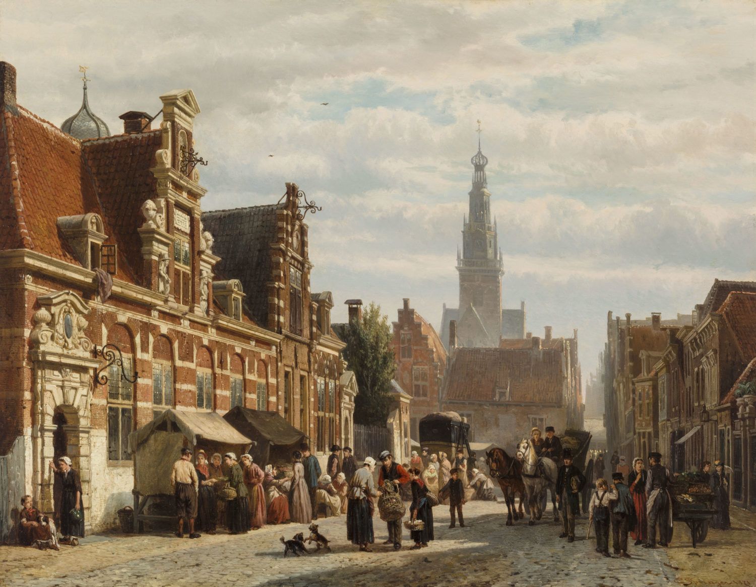 1500x1166, 258 Kb / здания, дома, башня, часы, улица, люди, кони, собаки, палатки, картина