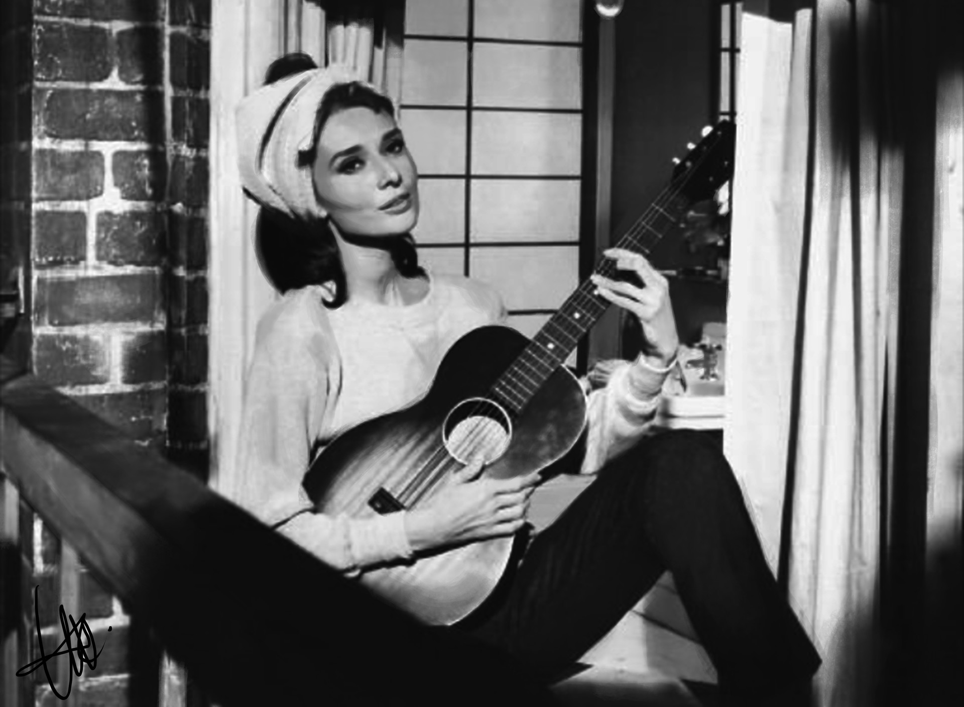 1920x1407, 255 Kb / женщина, Audrey Hepburn, Одри, гитара, ч/б