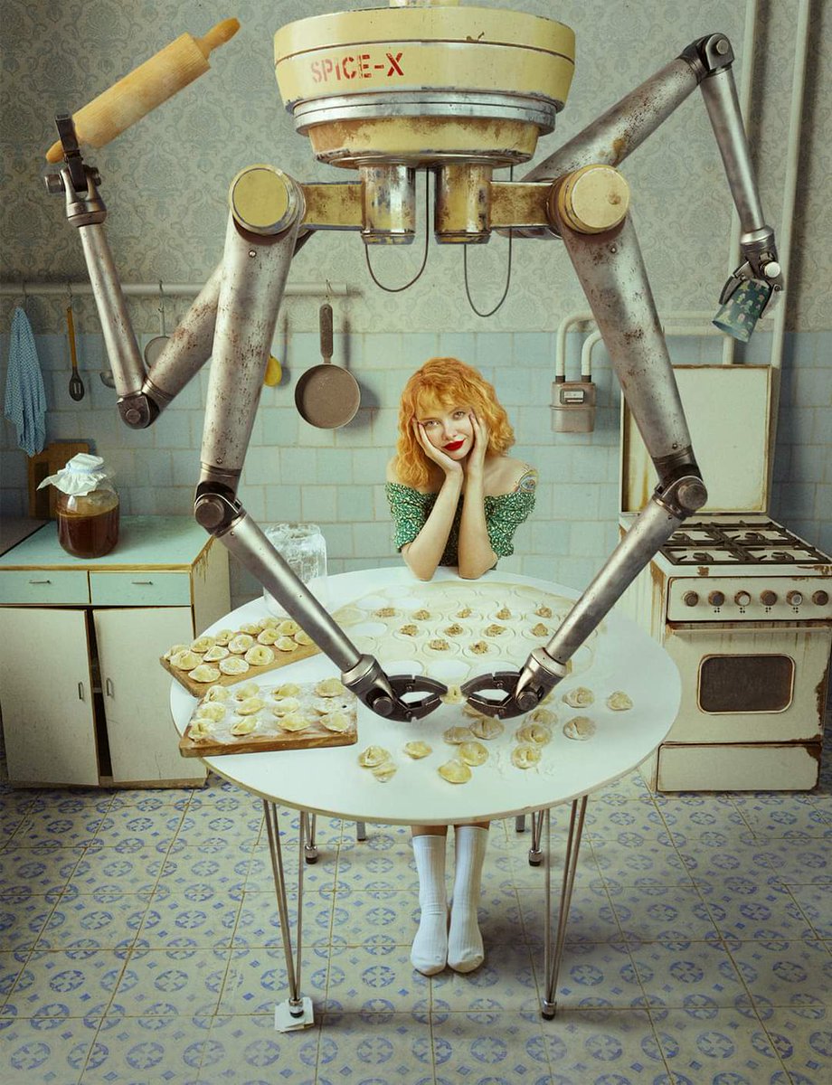 920x1200, 231 Kb / пельмени, робот, кухня, плита, стол, Dasha, Chegarovskaya, Кибер-пельменница, Spice-x