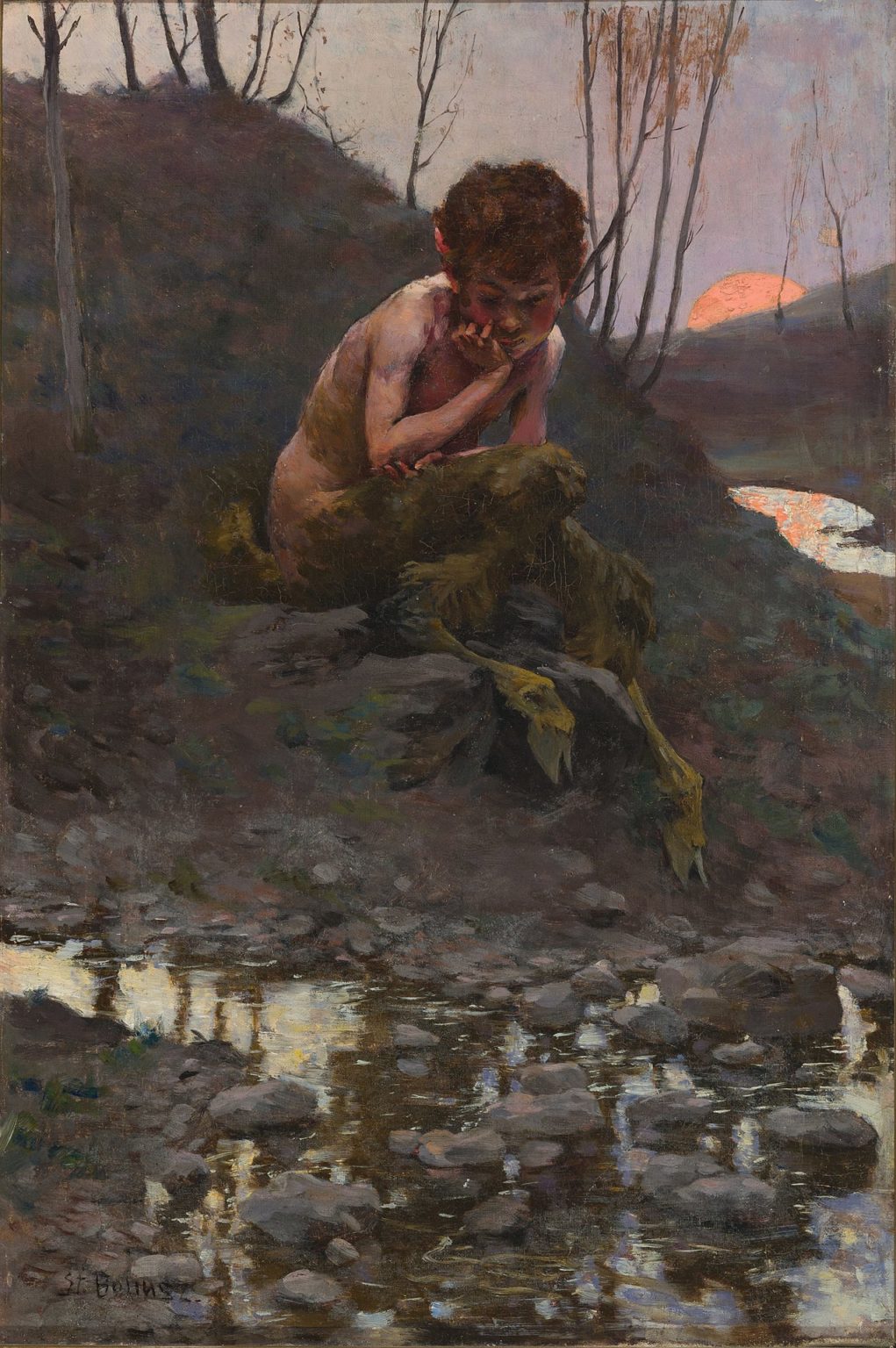 1021x1536, 300 Kb / мальчик, копыта, ручей, пригорок, камни, деревья, закат, картина