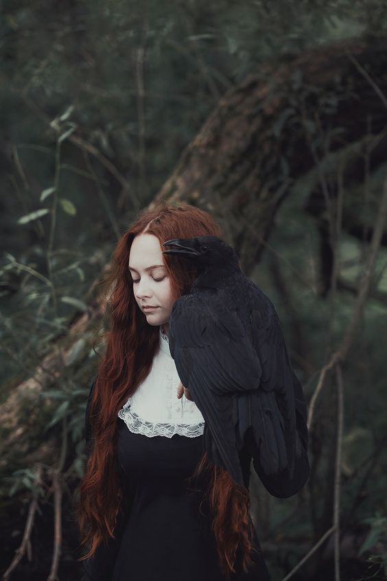 564x846, 44 Kb / рыжая, женщина, черный, ворон