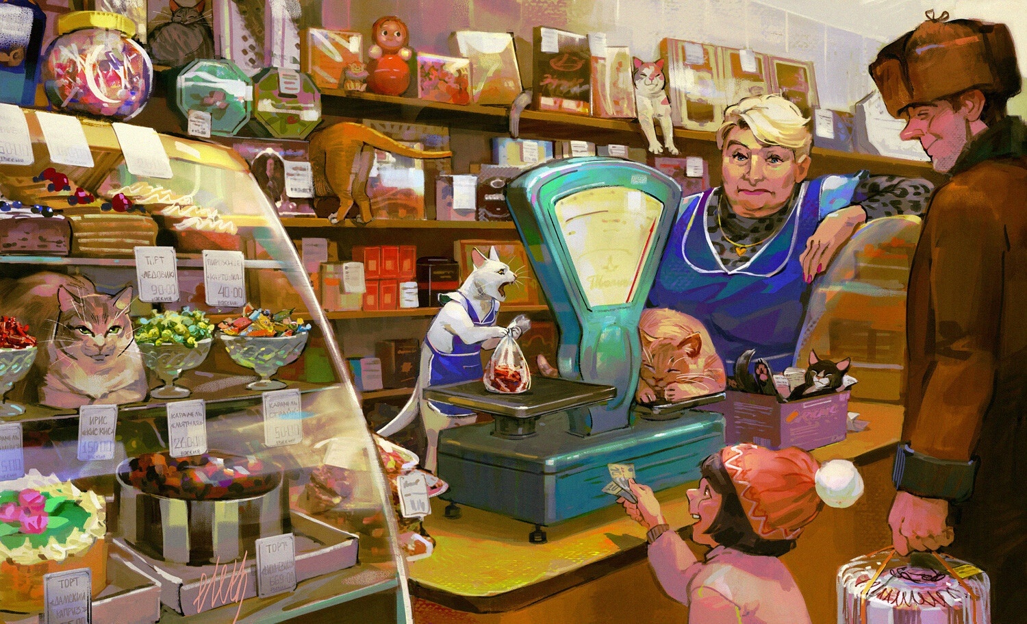 1500x911, 614 Kb / кошки, магазин, продавщица, Юлия Журавлёва,  рисунок