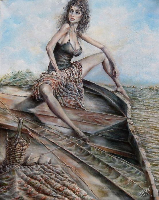 555x700, 87 Kb / женщина, развязна, бутыль, майка, юбка, лодка, воды, картина, рисунок