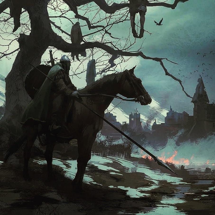 907x907, 253 Kb / лошадь, копьё, дерево, повешенные, рыцарь, замок