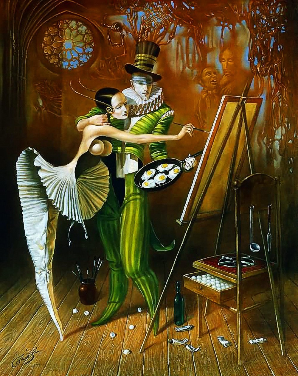 1000x1263, 329 Kb / картина, балерина, арлекин, мольберт, яйца, половник, сковорода, кисти, бутылка