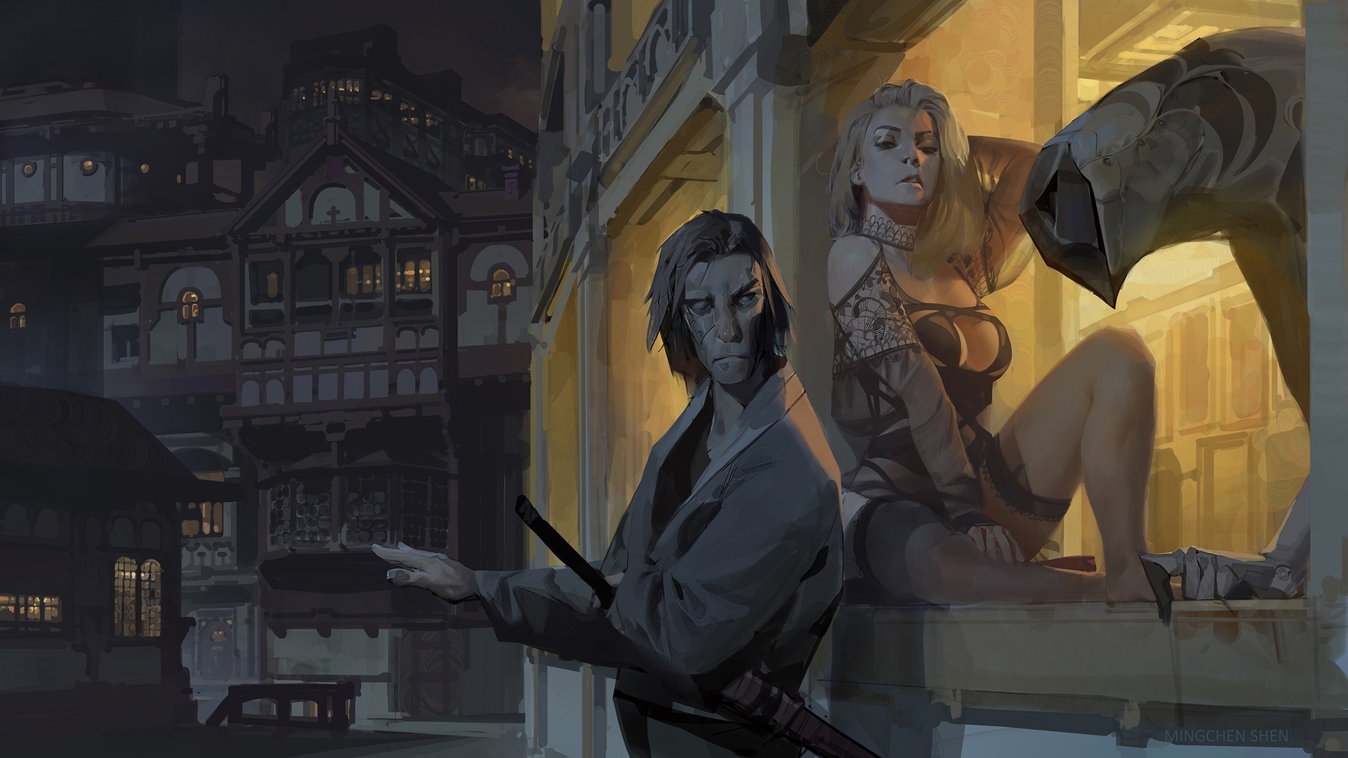 1920x1080, 440 Kb / город, балкон, девушка, животное, катана, одноглазый