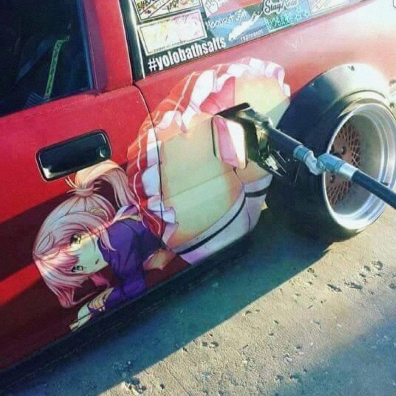 1280x1280, 249 Kb / люк бензобака, тян, аниме, машина, заправка, шланг, трусы, попа