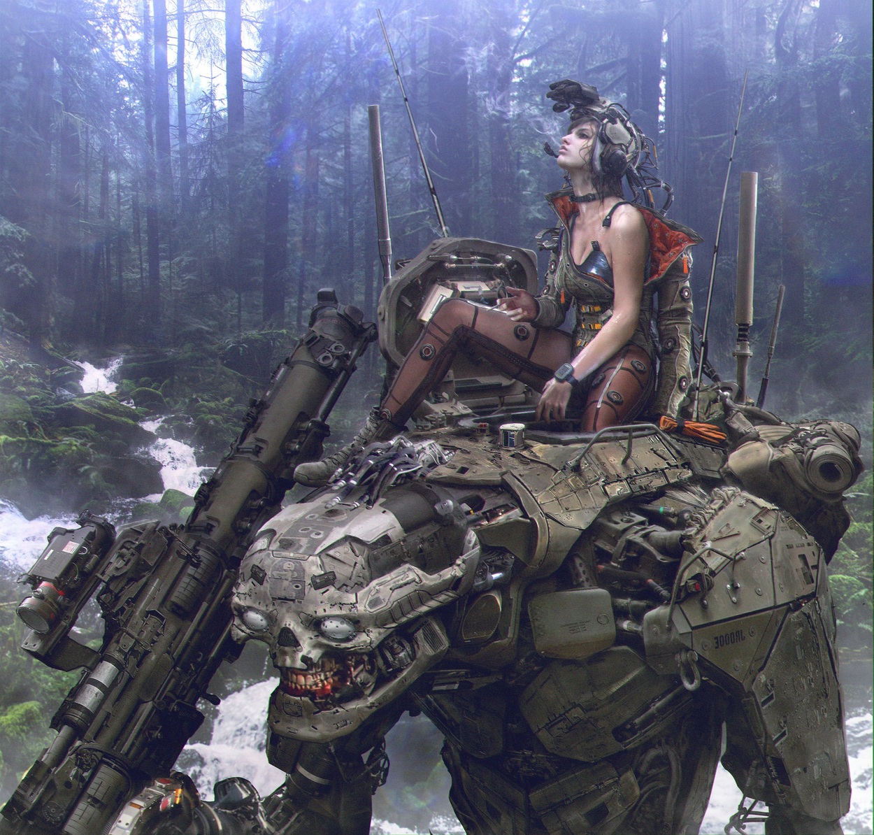 1250x1194, 583 Kb / Yintion_J, девушка, лес, робот, танк