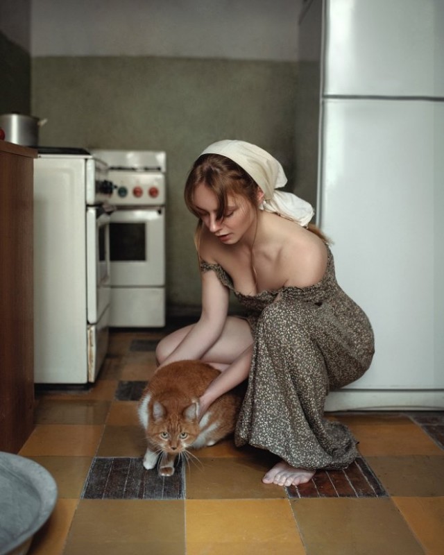 640x800, 84 Kb / шатенка, кот, кошка, холодильник, газовая плита