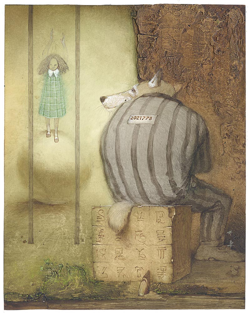 795x1000, 184 Kb / волк, девочка на шаре, стена, рисунок, полоски, заключенный, иероглифы, номер, Кирилл Челушкин