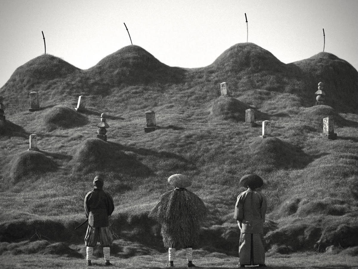 1200x900, 177 Kb / трое, мужчины, шляпы, могилы, камни, катана, ч/б, холмы