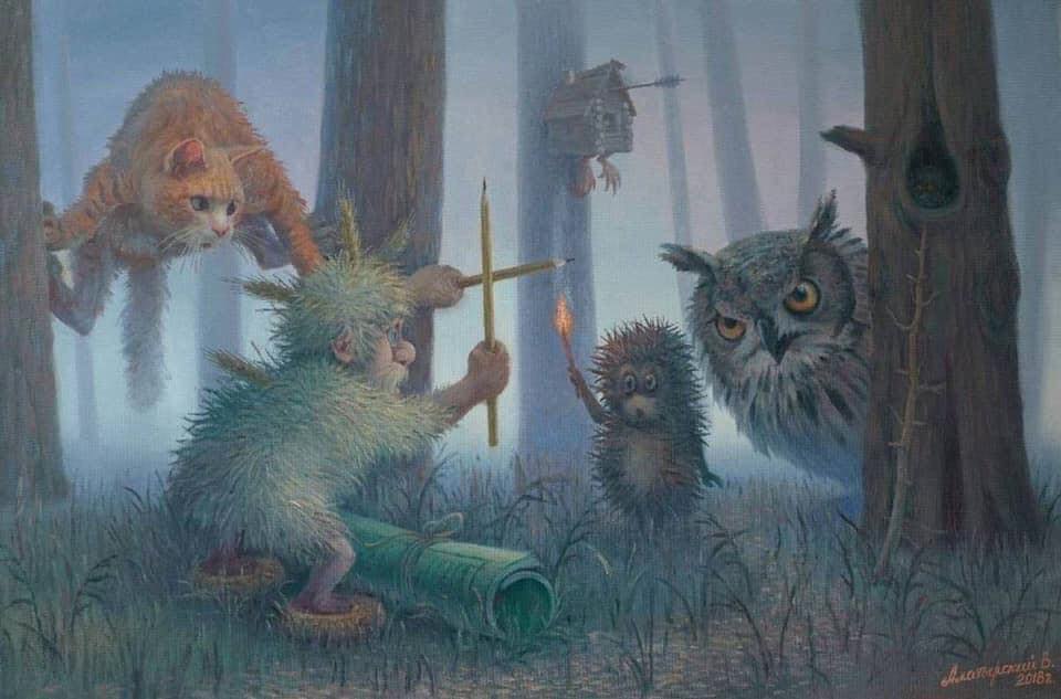 960x633, 70 Kb / Вячеслав Алатырский, кот, сова, ёжик, крест, часы, кукушка, лес, домовой