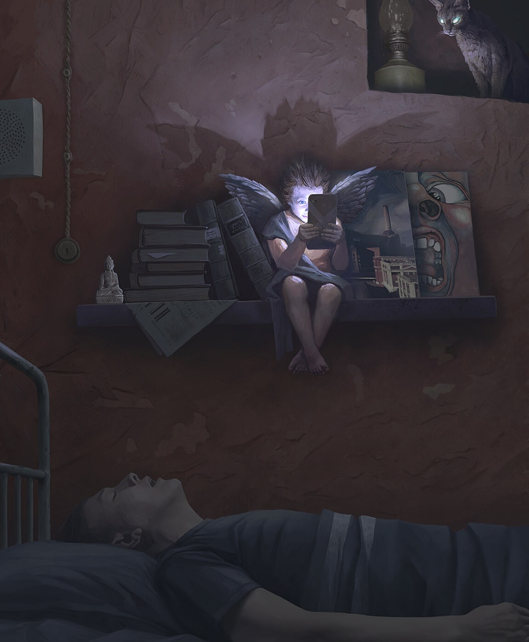 1056x1280, 94 Kb / кровать, выключатель, ангел, телефон, труп, полка, книги, кот, Алексей Егоров