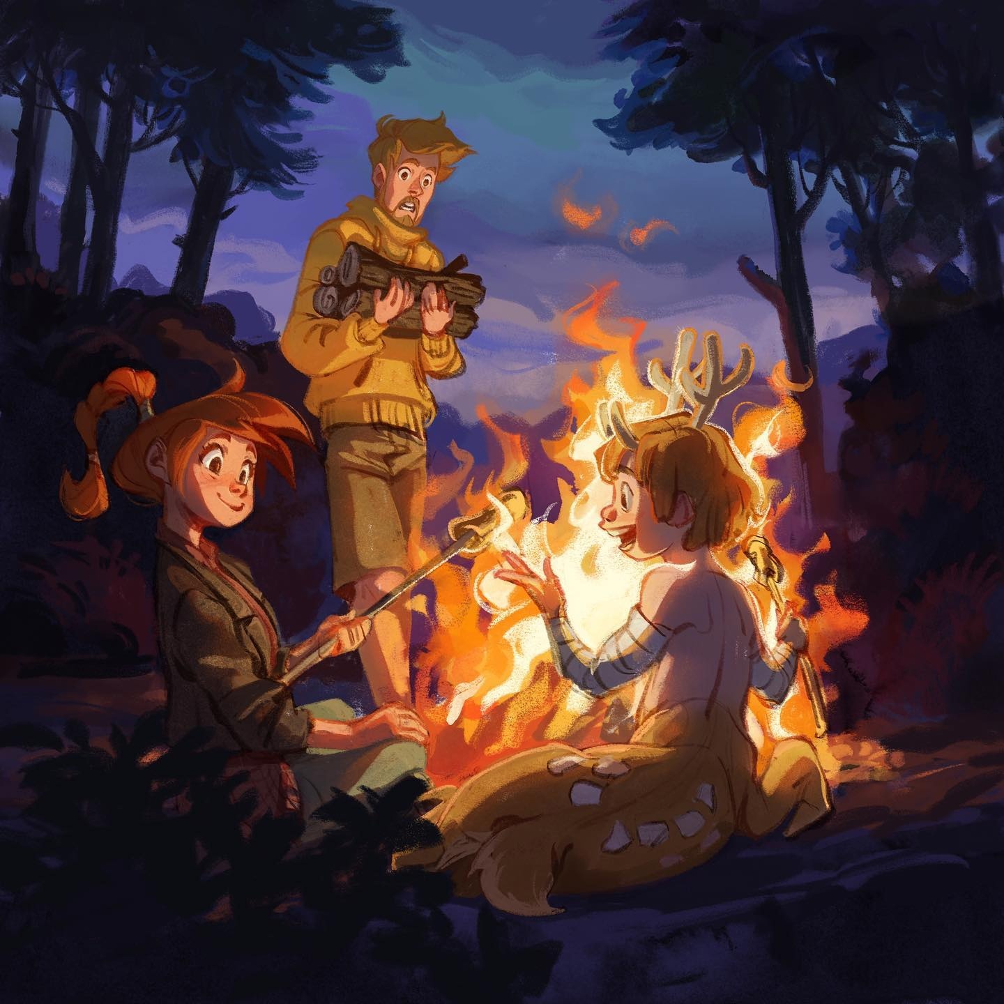 1440x1440, 373 Kb / schmoedraws, костёр, дрова, лес, олень, парень, девушека, кентавр