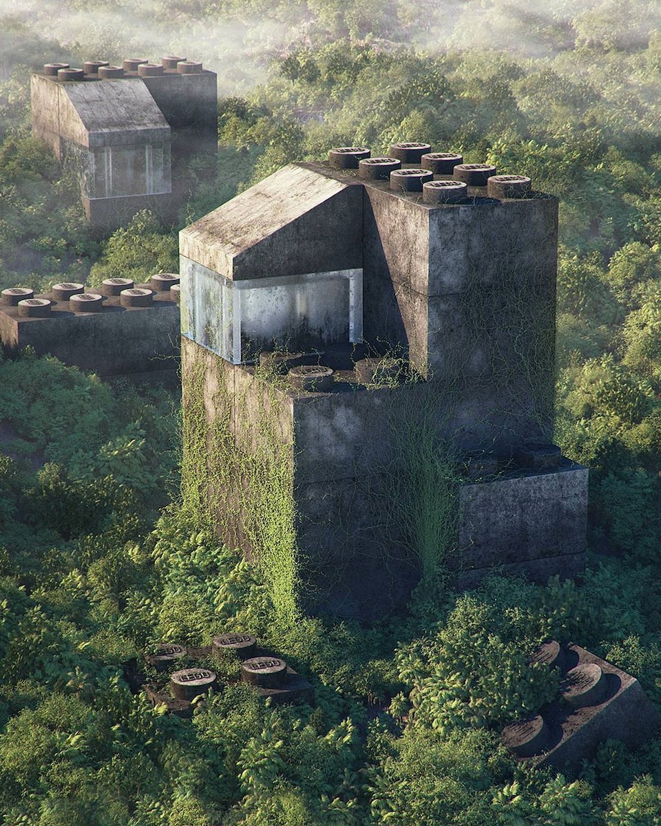 960x1200, 491 Kb / Filip Hodas, lego, лего, постапок, апокалипсис, лес, дом, кубик