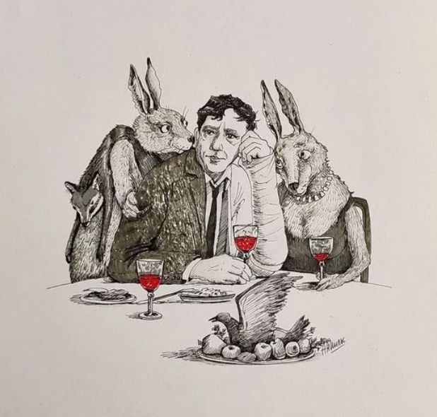 618x590, 107 Kb / зайцы, стол, бокал, вино, Юрий Никулин, Семён Горбунков, куропатка, птица, лиса, шкура