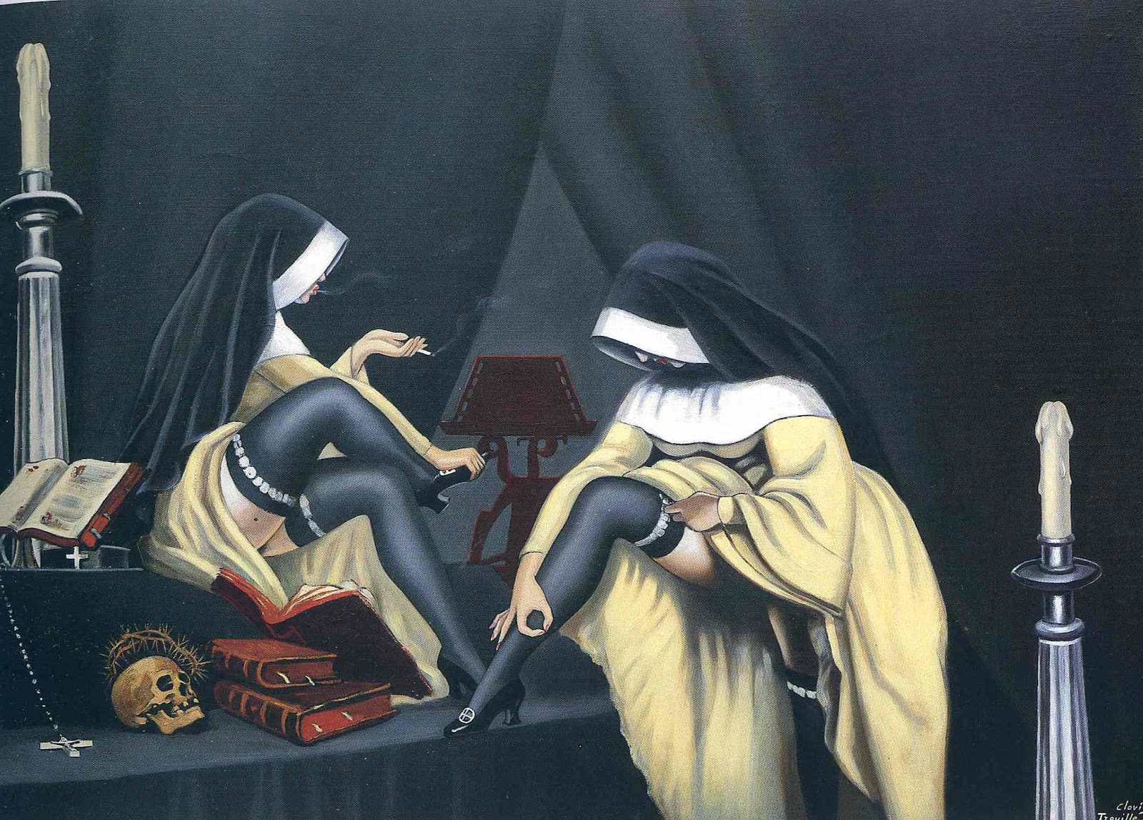 1600x1147, 579 Kb / монашки, чулки, сигарета, свечка, книги, череп, крест, член, рисунок, картина