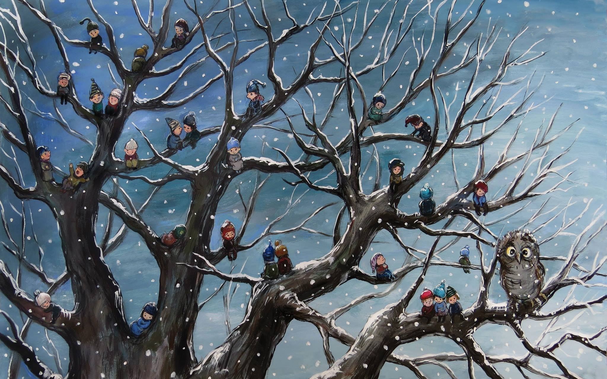 2048x1280, 485 Kb / Нино Чакветадзе, сова, дерево, человечки