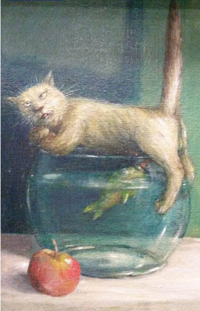 700x1087, 113 Kb / Кот, аквариум, рыбка, яблоко, рисунок