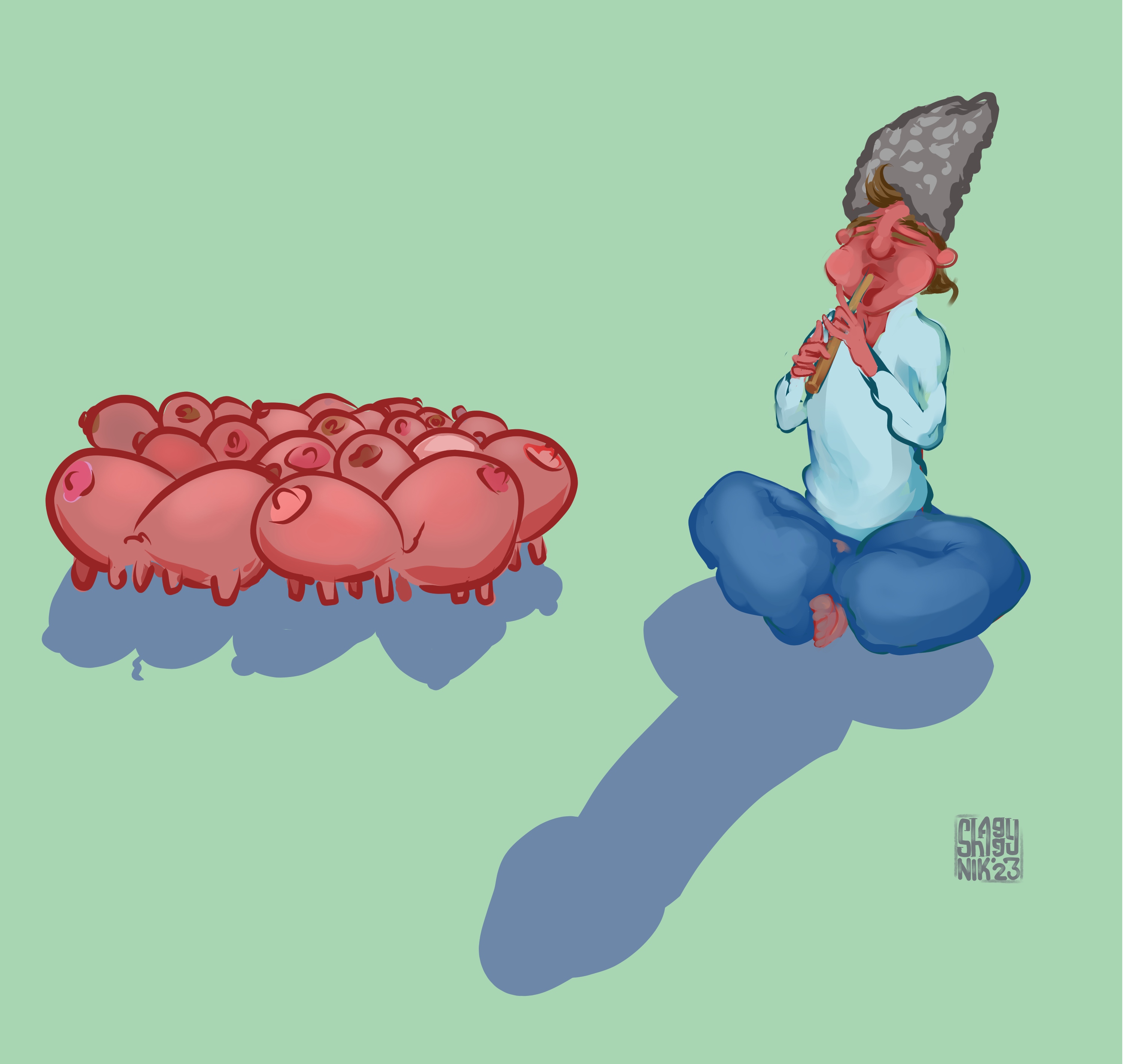 3000x2843, 495 Kb / свинопас, сиськи, тень, дудочка