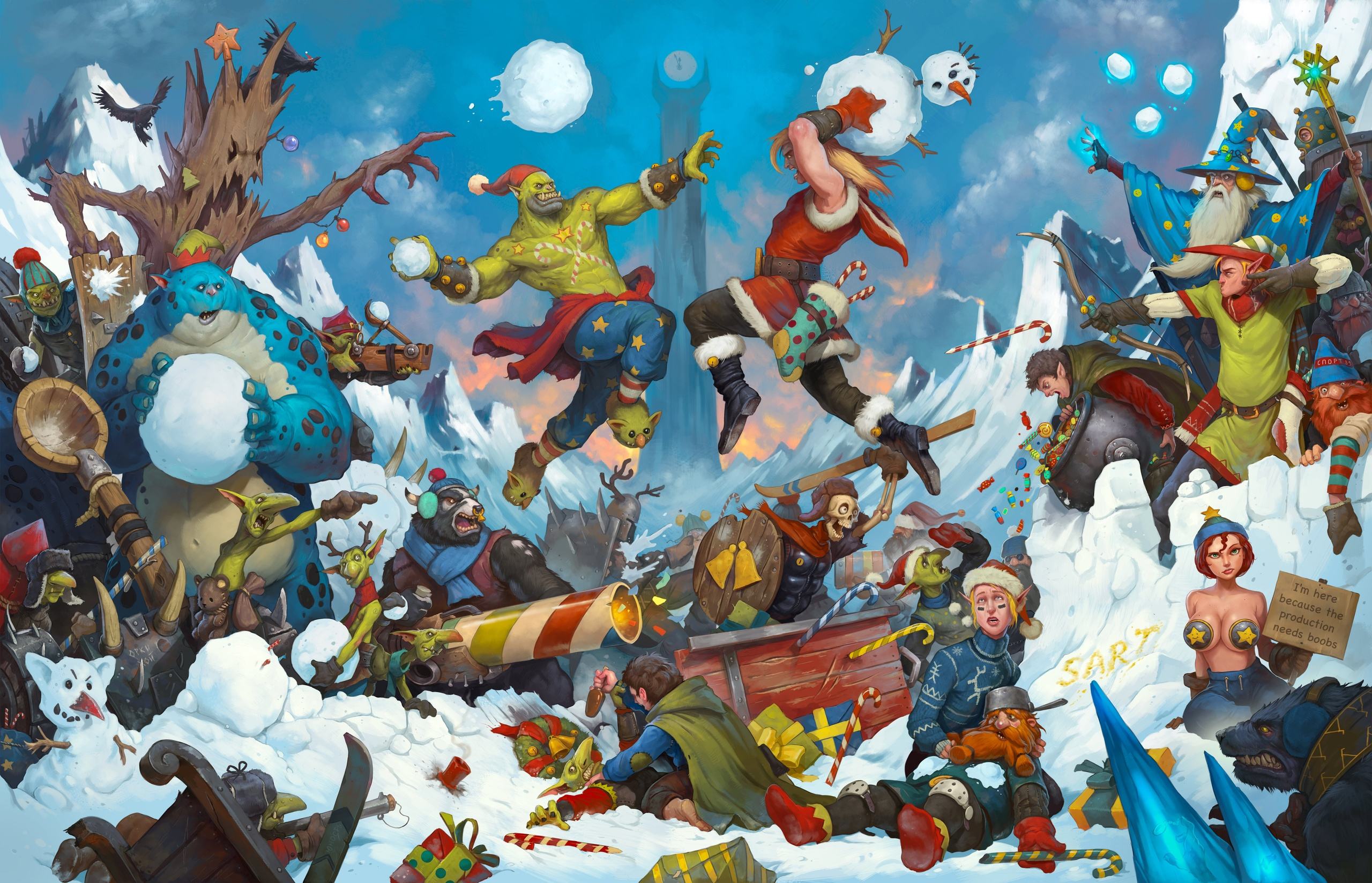 2560x1647, 608 Kb / Tony Sart, битва, снежки, крепость, гоблин, орк, эльф, гном, русалка