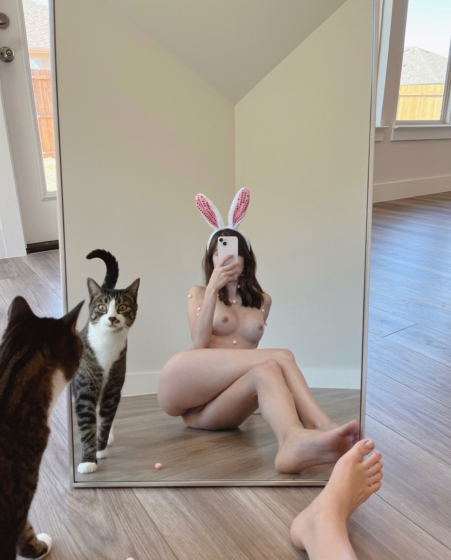 1506x1869, 616 Kb / шатенка, сидит, ушки, кот, кошка, зеркало, смартфон, телефон, селфи, Alyssa Alessio