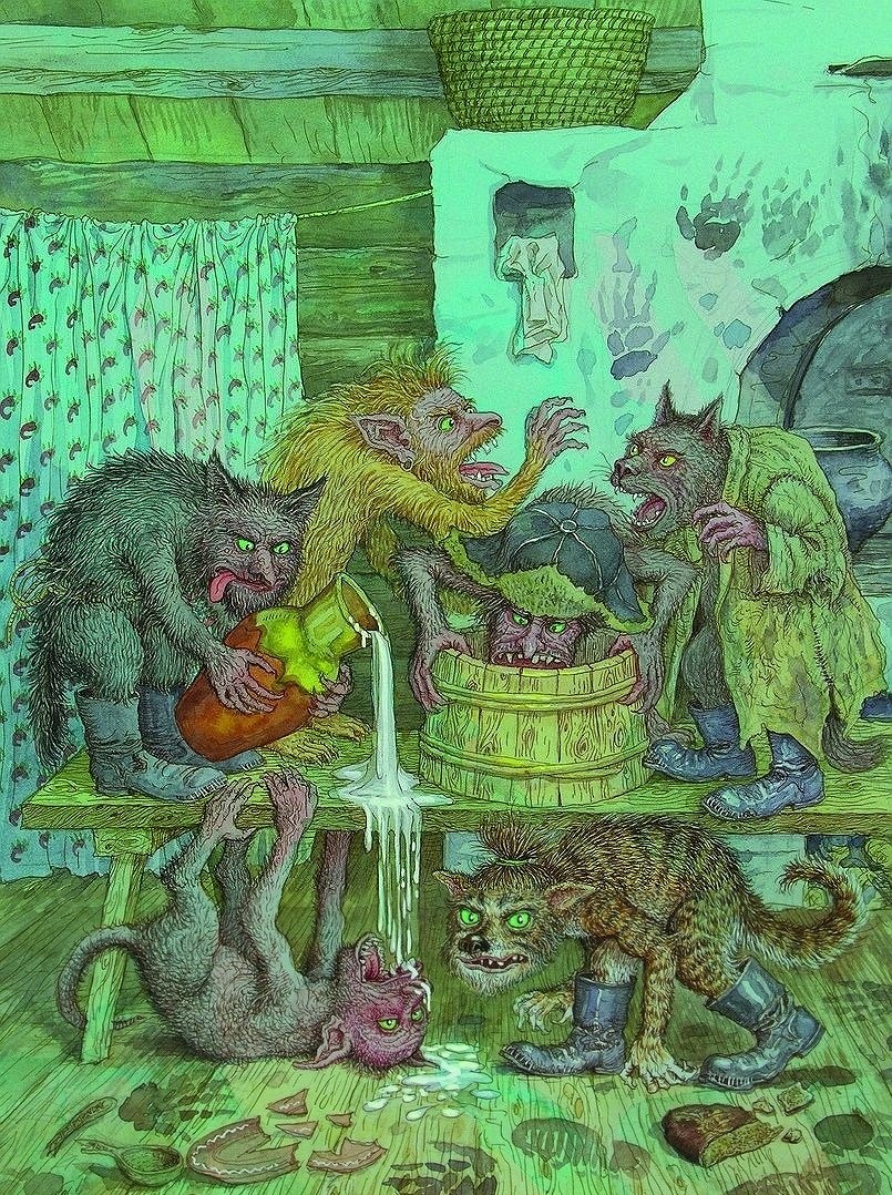 805x1078, 460 Kb / животные, бесы, печь, занавеска, молоко, крынка, ушат, корзина