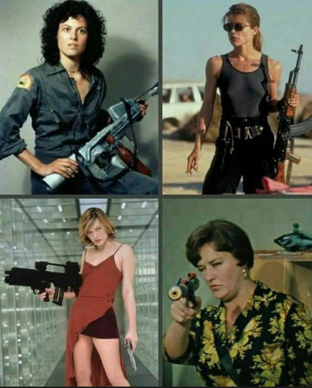 1080x1345, 386 Kb / терминатор, чужой, Нонна Мордюкова, Милла Йовович, Сигурни Уивер, очки, автомат, пистолет