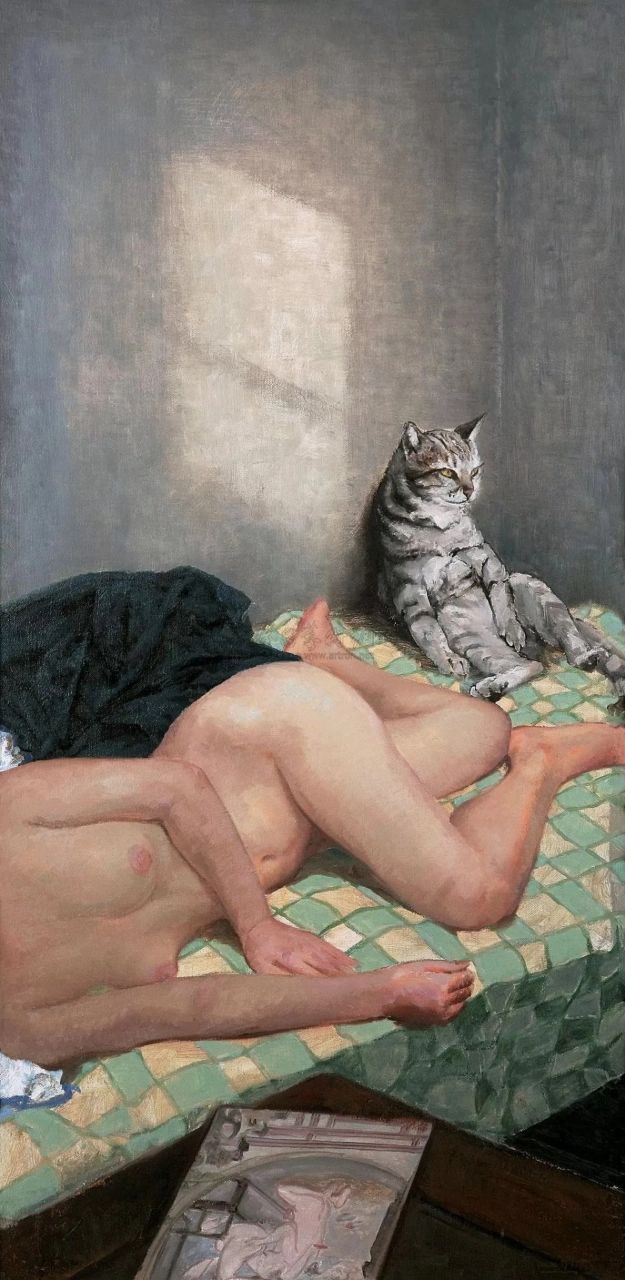 625x1280, 139 Kb / картина, постель, кот, клетки