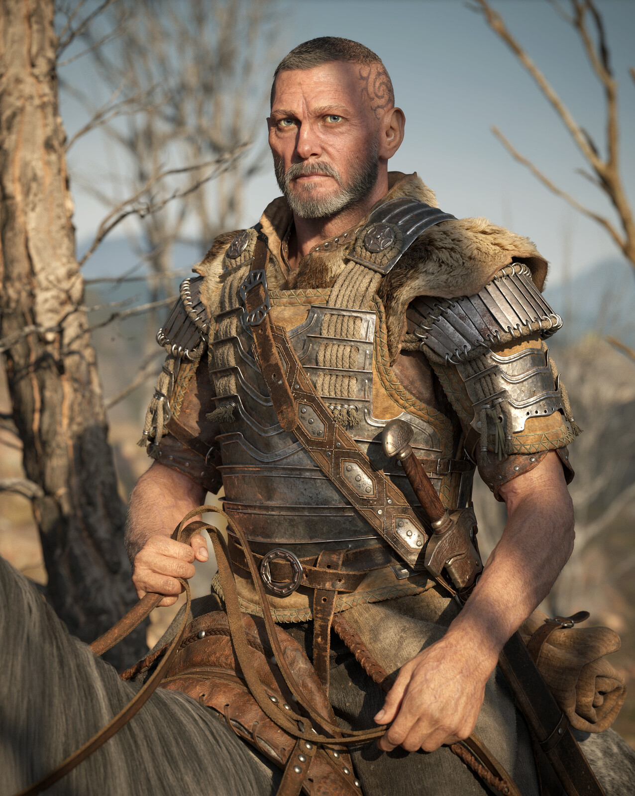 1276x1600, 614 Kb / воин, меч, седло, конь, тату, латы