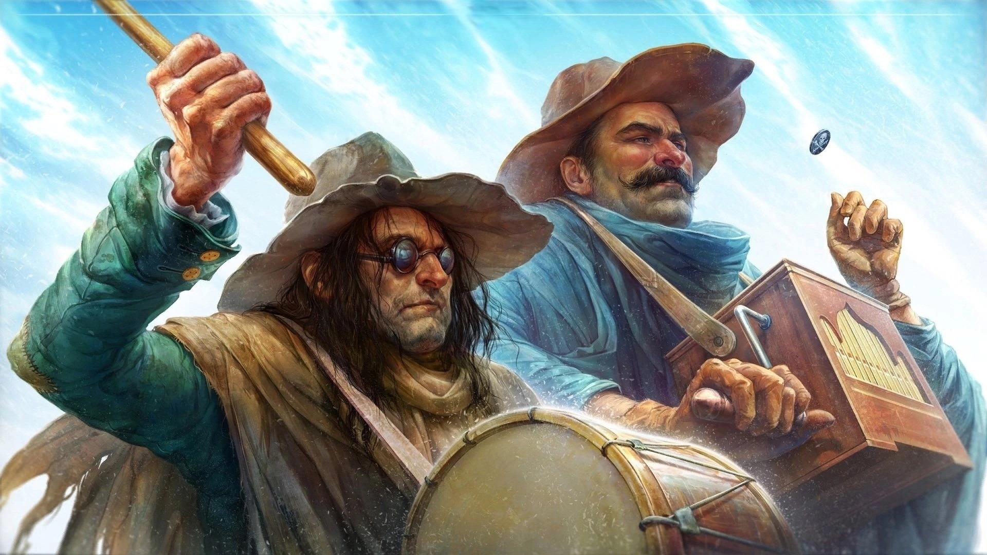 1920x1080, 445 Kb / остров сокровищ, слепой пью, черный пес, очки, барабан, шарманка, шляпа, черная метка, рисунок