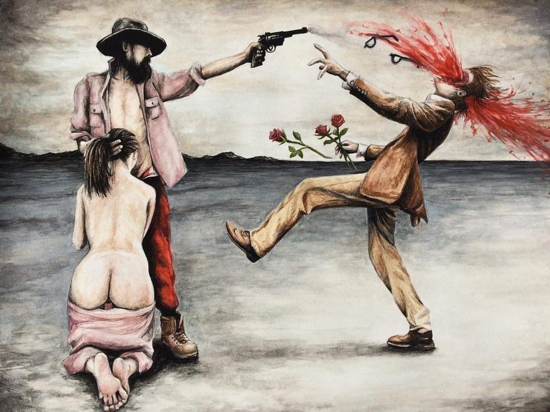 1080x810, 106 Kb / выстрел, револьвер, шляпа, цветы, два очка, очки, минет