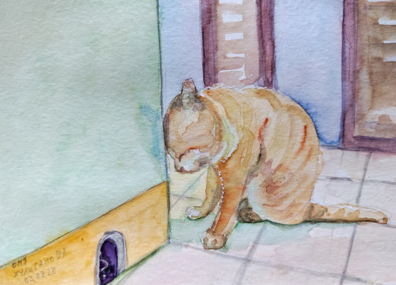 1280x922, 210 Kb / кот, угол, акварель, 3 сентября