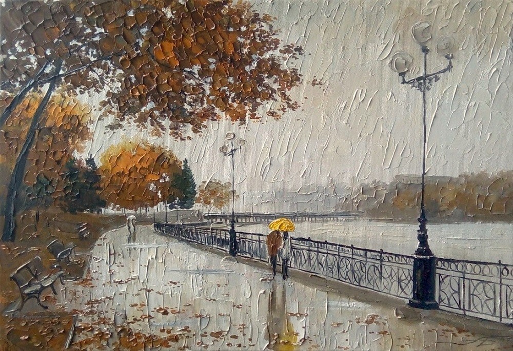 1000x685, 306 Kb / картина, светильник, река, прохожий, скамейка, осень, Александр Болотов