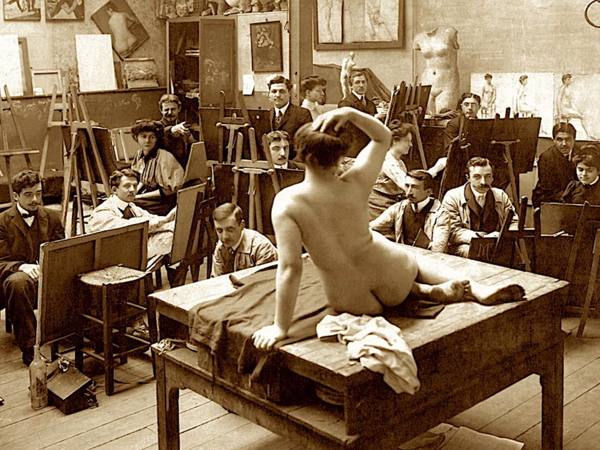 1200x900, 283 Kb / женщины, мужчины, художники, натурщица, стол, стулья, мольберты, картины, ч/б, сепия