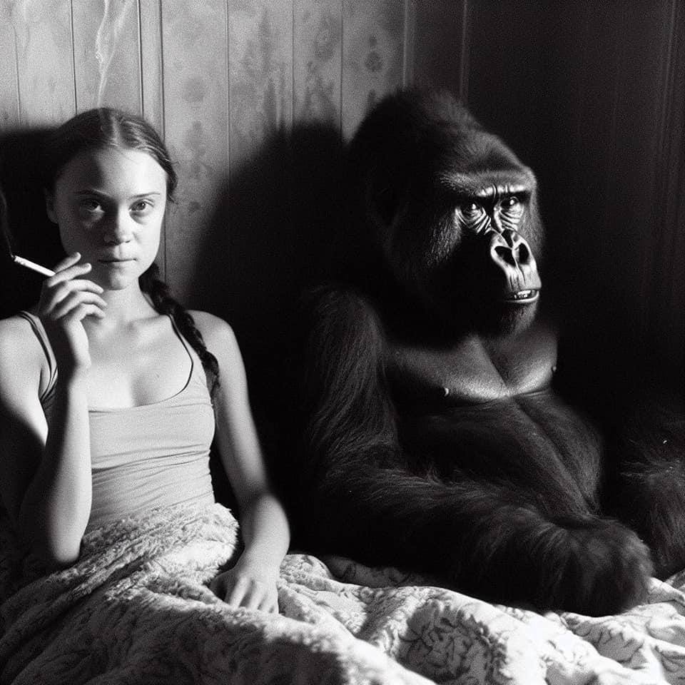 960x960, 99 Kb / Грета Тунберг, горилла, ч/б, сигарета, постель, нейросеть