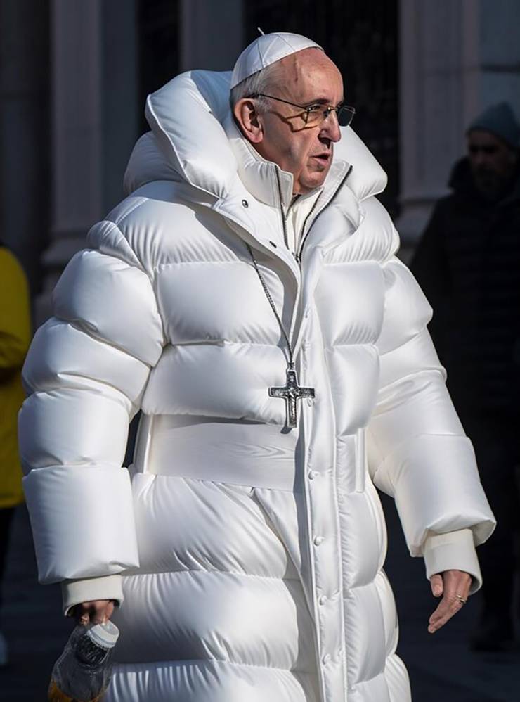 740x998, 62 Kb / нейросетка, Папа, римский, Balenciaga, папа римский, куртка, пуховик, крест, очки, белый