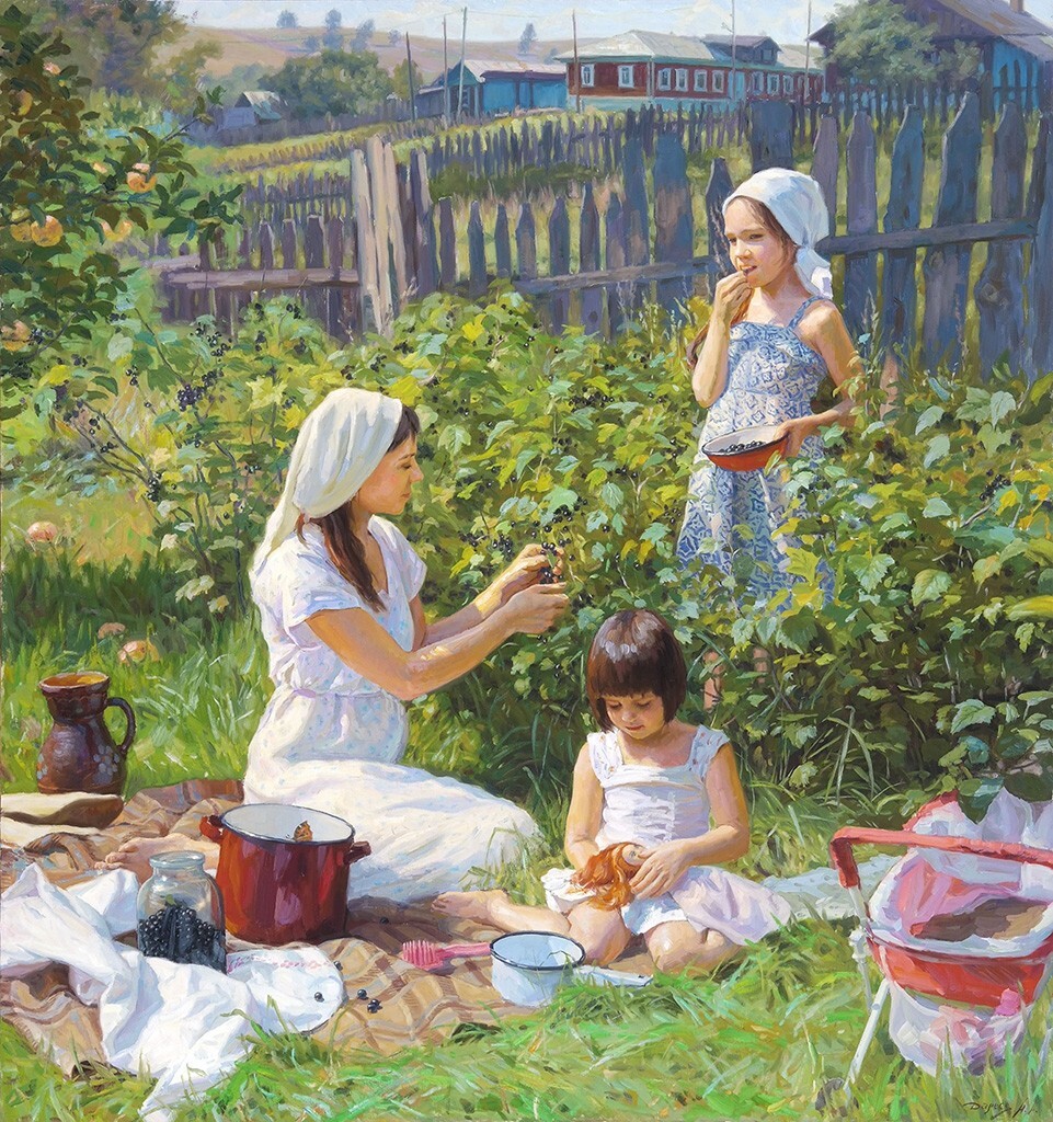 961x1024, 385 Kb / Андрей Дареев, смородина, кастрюля, кувшин, картина, огород, забор, женщина, дети