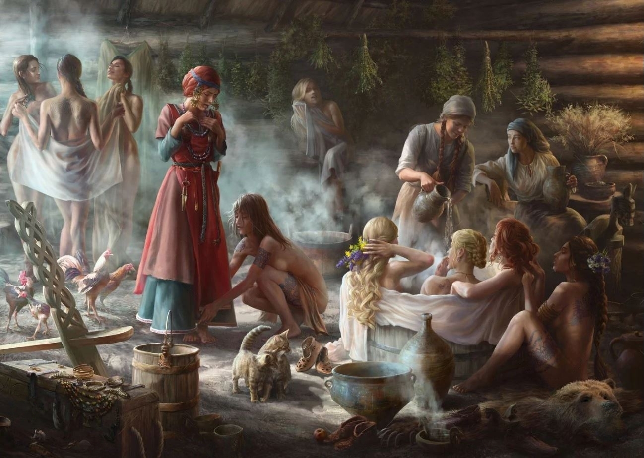 1298x924, 572 Kb / баня, веники, девушки, кошки, коты, куры, украшение, рисунок