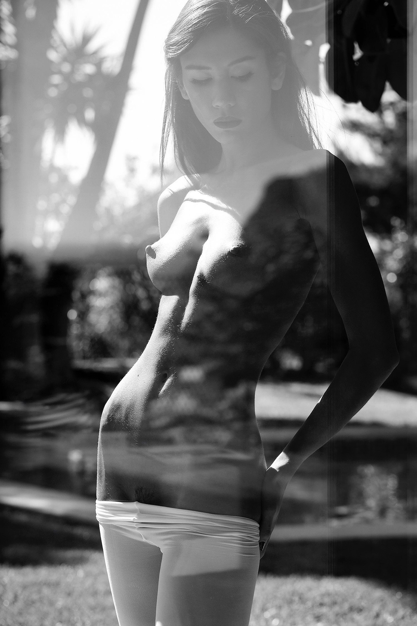 1365x2048, 481 Kb / ч/б, колготки, окно, стекло, отражение, пальма