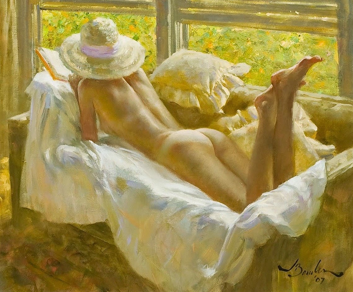 1138x943, 176 Kb / картина, рисунок, Джо Боулер, Joe Bowler, шляпа, книга, подушка, попка, след от загара