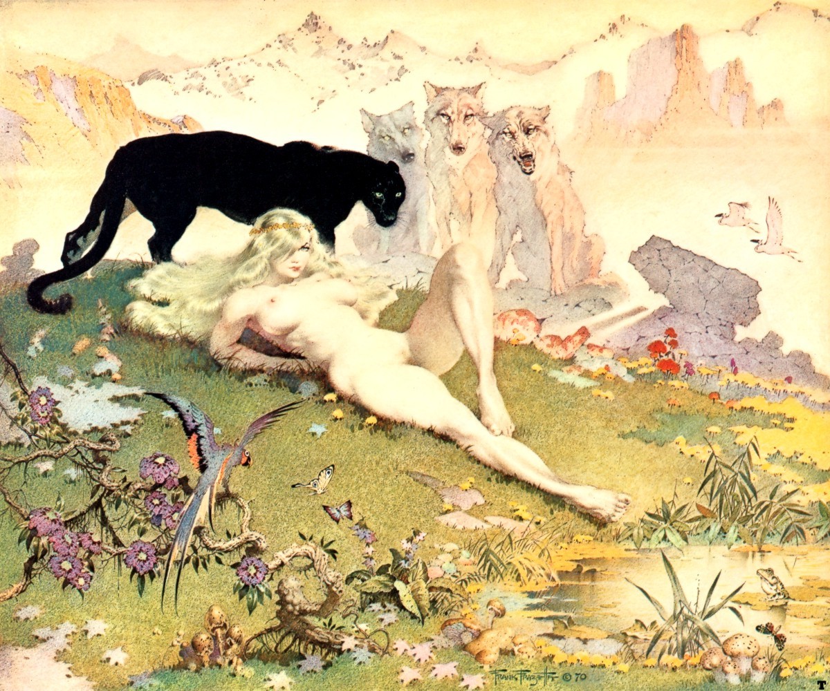 1200x1000, 404 Kb / Frank Frazetta, Golden Girl, пантера, волки, девушка