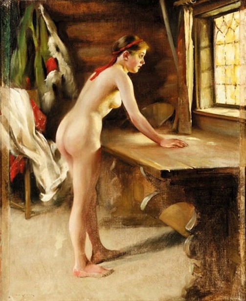 503x615, 89 Kb / изба, стол, окно, обнаженная девушка, Утреннее солнце,  The Morning Sun, Август Хагборг . August Hagborg