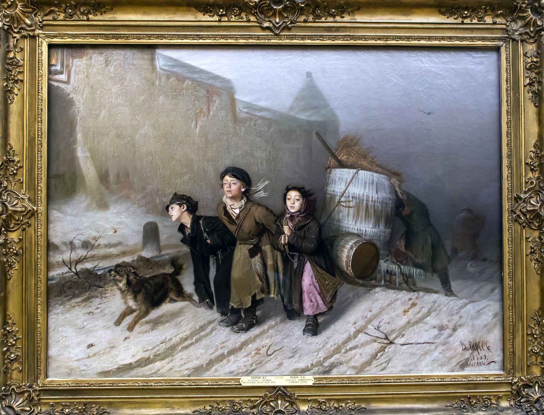 1800x1375, 467 Kb / дети, зима, сани, бочка, Перов, картина