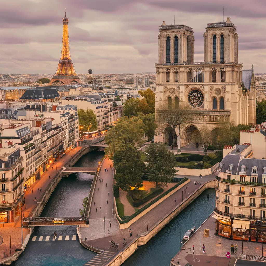 1024x1024, 204 Kb / ai, Париж, Эйфелева вышка, Сена, Нотр-Дамм