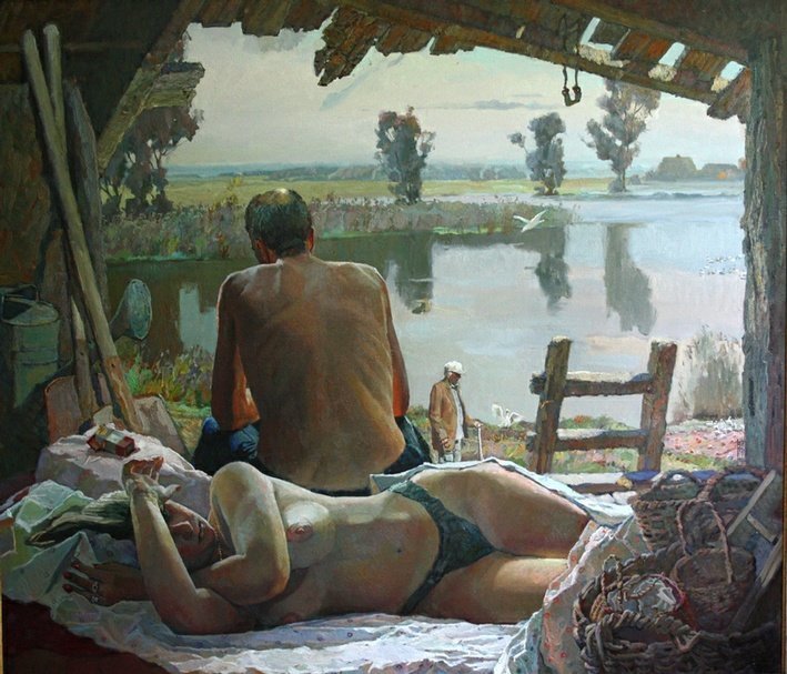 709x607, 92 Kb / живопись, Папко, чердак , река, лестница, лопаты