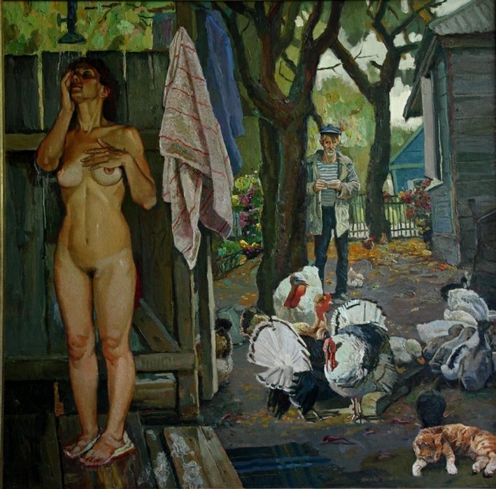 709x699, 112 Kb / живопись, Папко, душ, полотенца, кот, индюки, мужик, женщина