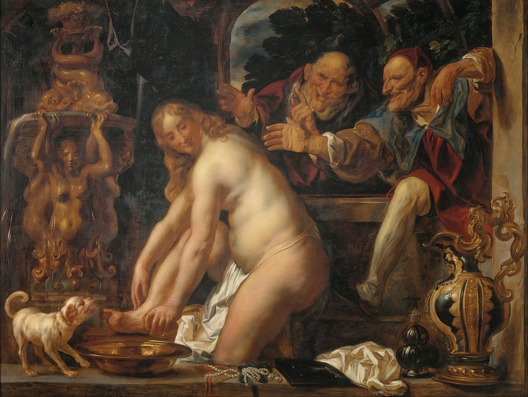 1080x812, 327 Kb / живопись, картина, Сусанна, старцы, Якоб, собака, таз, фонтан, жемчуг